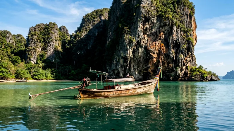 Wooden longtail boat anchored in shallow bay with karst cliffs beyond