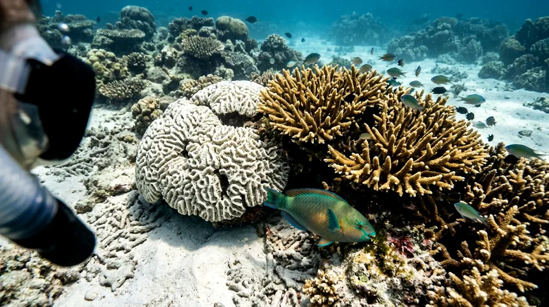 Underwater reef showing bleached white coral next to living colorful coral
