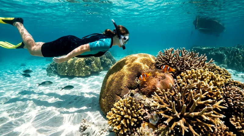 Snorkeler viewing shallow coral reef at Banana Beach, Coral Island.