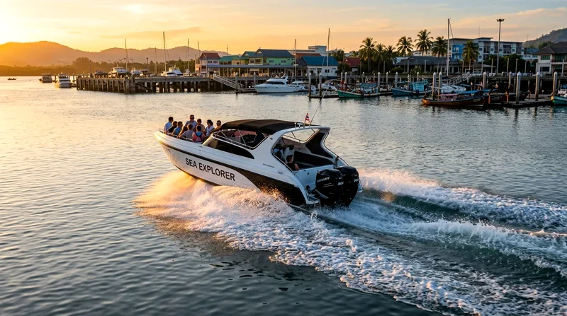 Speedboat departing Chalong Pier toward Coral Island at dawn.