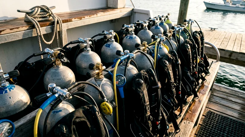 Scuba air tank with regulator and pressure gauge resting on boat deck