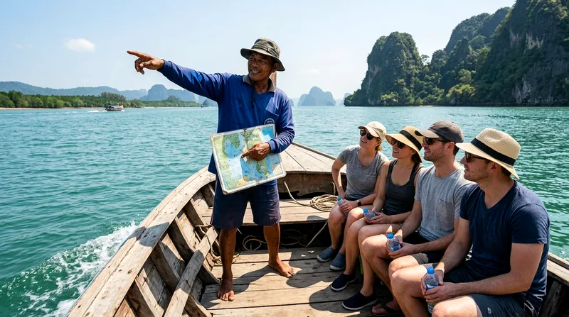Independent boat rental operator discussing itinerary with charter group.