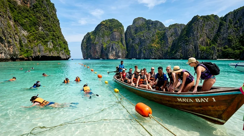 Tourists in tender boat being transferred to shallow water at Maya Bay.