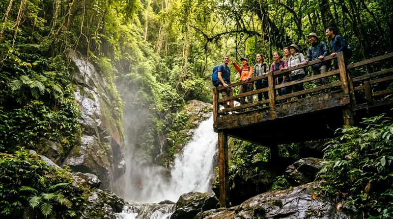 Group of trekkers on wooden walkway above waterfall
