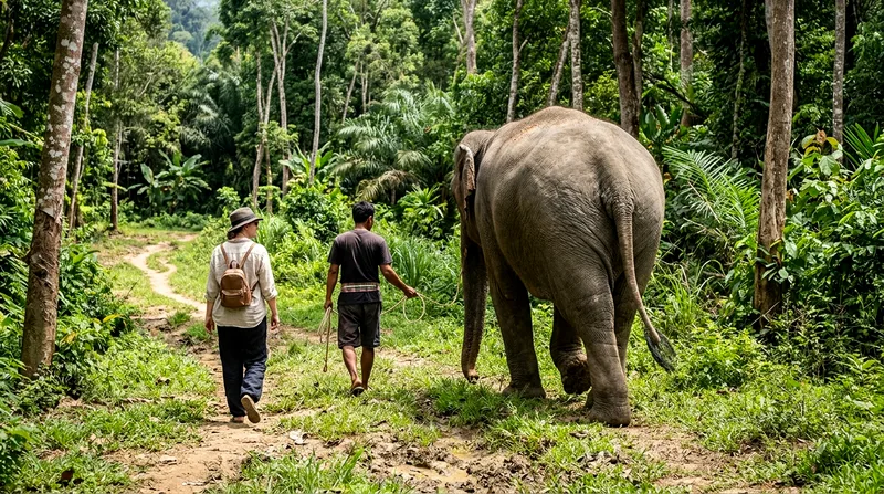 Mahout walking beside rescued elephant in sanctuary compound with visitor following