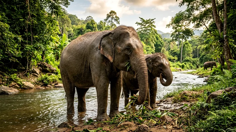 Elephant natural behavior at ethical elephant sanctuary near Phuket