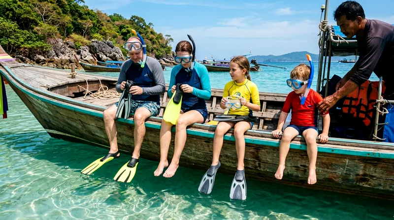 Family of four snorkeling together on a small group tour boat.