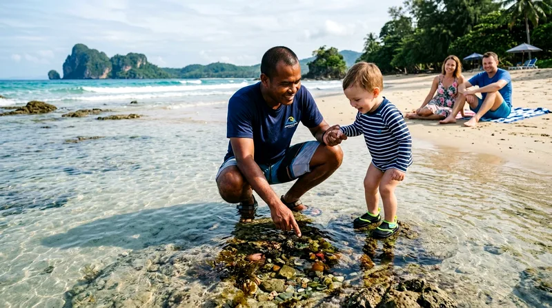 Private tour guide helping toddler explore shallow tide pools.