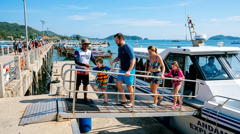 Family group of four boarding snorkeling boat at Rawai Beach pier