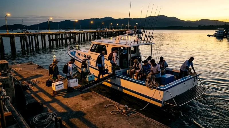 Charter boat departing Chalong Pier at dawn with anglers boarding.