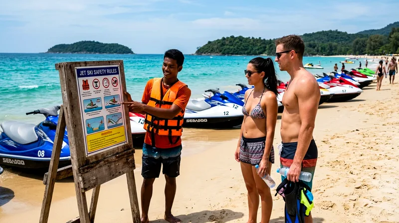 Jet ski rental operator pointing to safety instructions on beach.