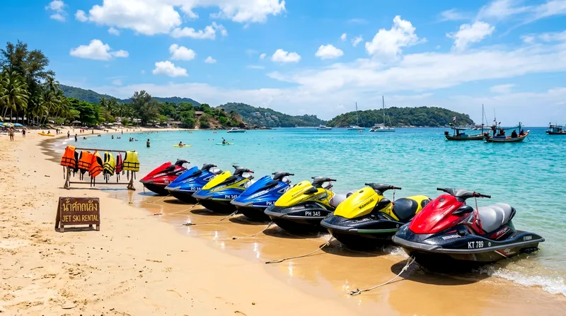 Jet skis on Kata Beach Phuket ready for water sports rental
