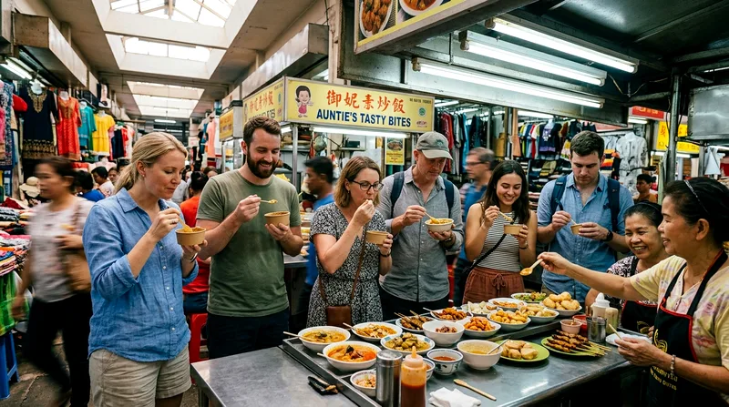 Tourists sampling food at market stalls during a food tour.