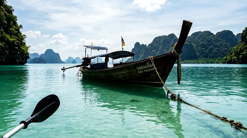 Traditional wooden longtail boat anchored in shallow turquoise bay
