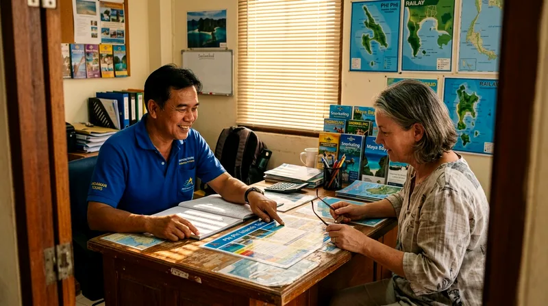 Tour operator at desk reviewing booking details with customer