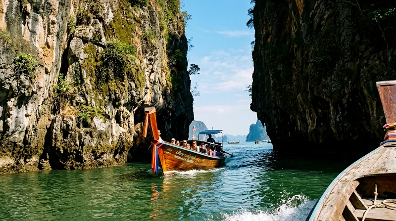 Longtail boat navigating between tall limestone cliffs in Phang Nga Bay