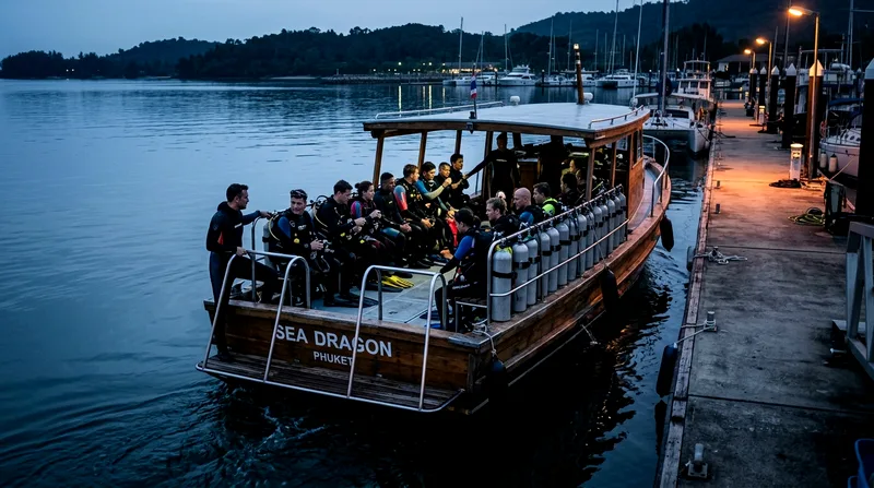 Speedboat loaded with divers departing Ao Po pier before sunrise