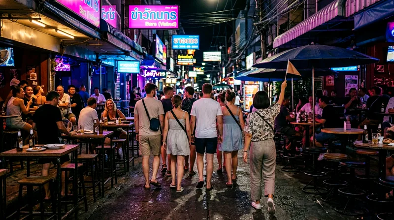 Group on pub crawl walking through Patong street at night.