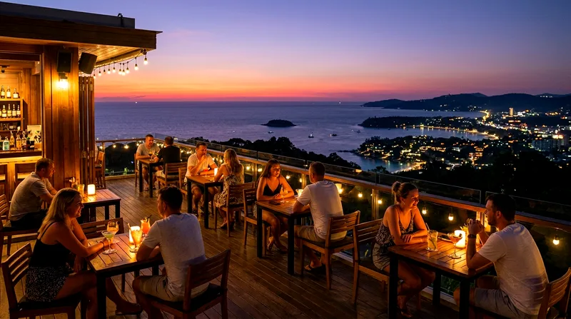 Rooftop bar with couples seated at tables overlooking city lights.