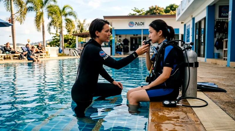 Dive instructor checking beginner student's breathing regulator in swimming pool