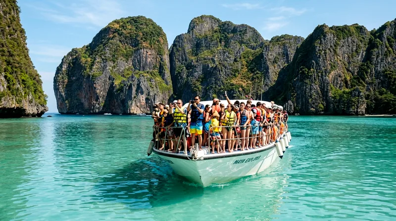 Crowded group speedboat at Maya Bay with dozens of tourists visible.