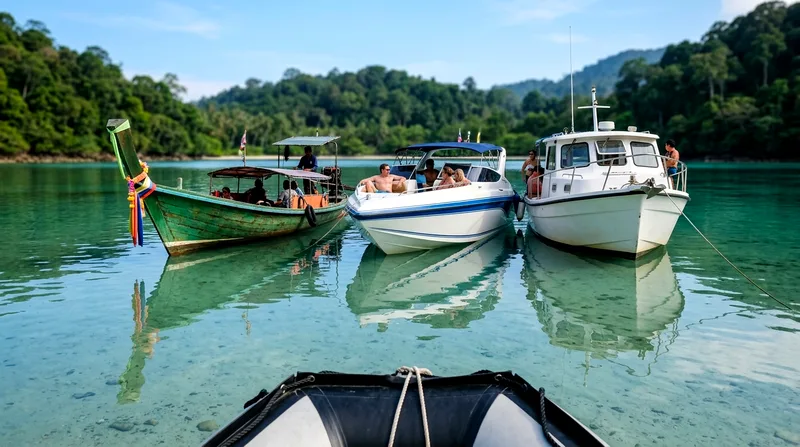 Longtail boat, speedboat and small yacht moored together in calm water.