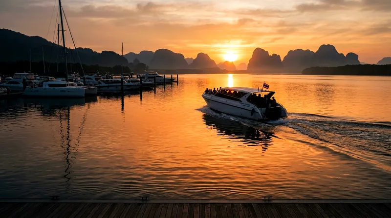 Sunrise departure from Ao Po Grand Marina with tour boat heading north.