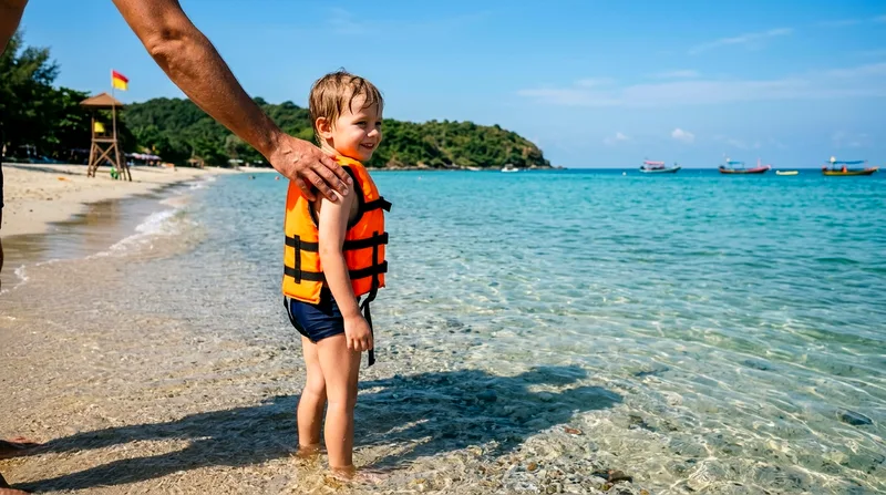 Non-swimmer child in bright life jacket in shallow beach water