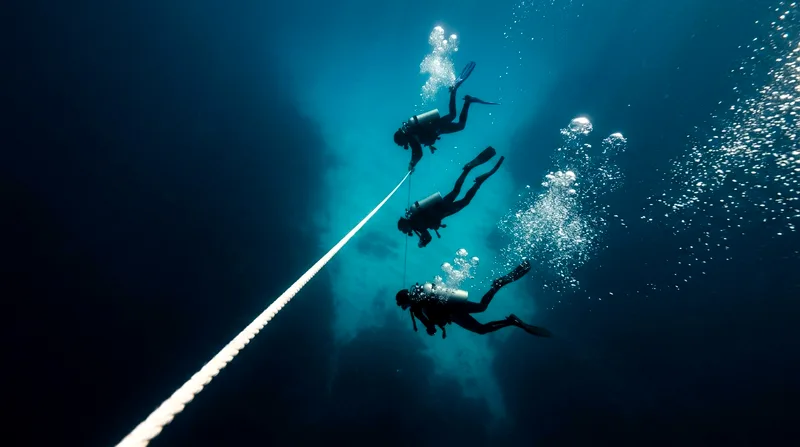 Scuba divers in full gear descending along rope into blue water