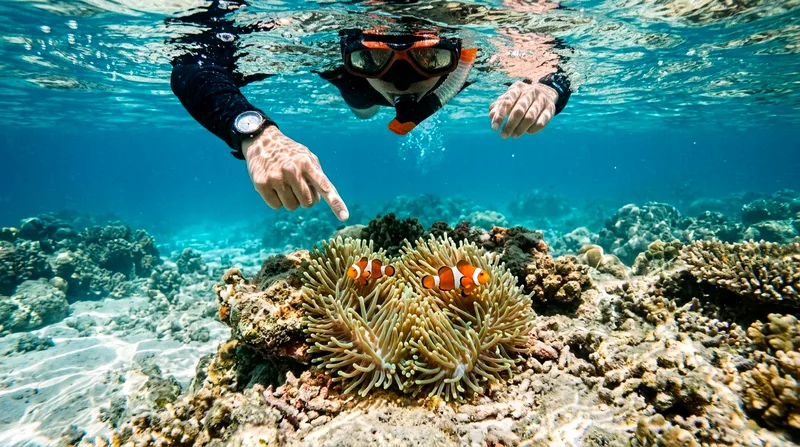 Snorkeler's hands pointing at orange clownfish hiding in sea anemone