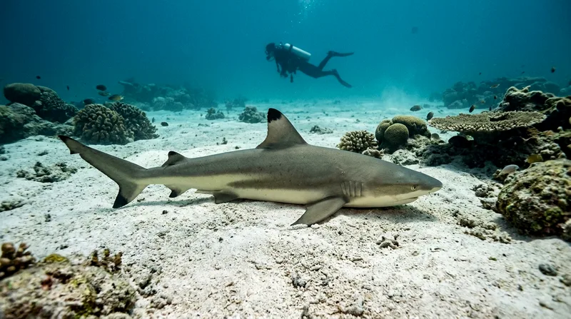 Reef shark resting on sandy bottom with diver watching safely in background