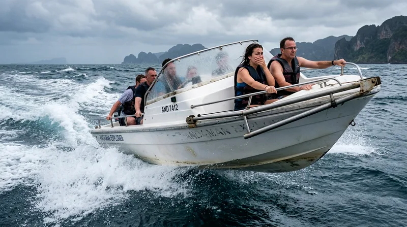 Speedboat hitting rough swell with passengers gripping seats tightly.