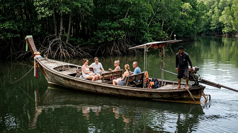 Longtail boat rocking gently in calm bay near mangrove shoreline.
