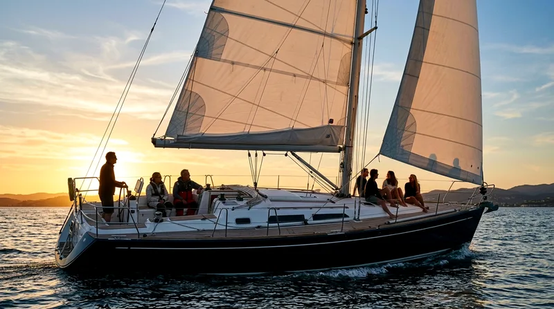 Small sailing yacht with raised sails in light evening breeze.