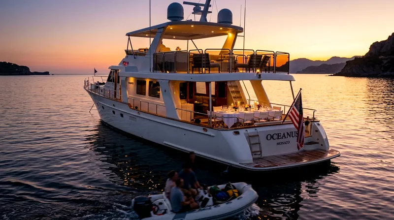 Luxury yacht at anchor with formal dinner table on upper deck.