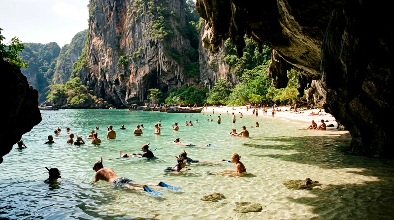 Swimmers and snorkelers in turquoise lagoon with cave entrance visible above