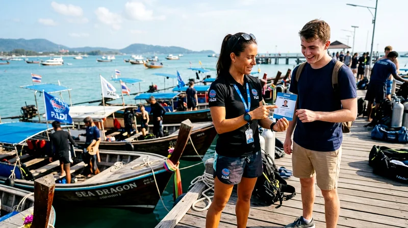 PADI dive instructor reviewing certification card with diver at Chalong Bay pier